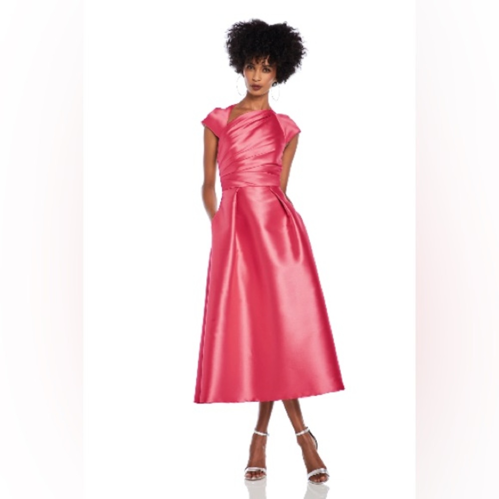 THEIA Asymmetrical-neck Cap-sleeve Taffeta Dress In Magenta Elegant. NWT size 6